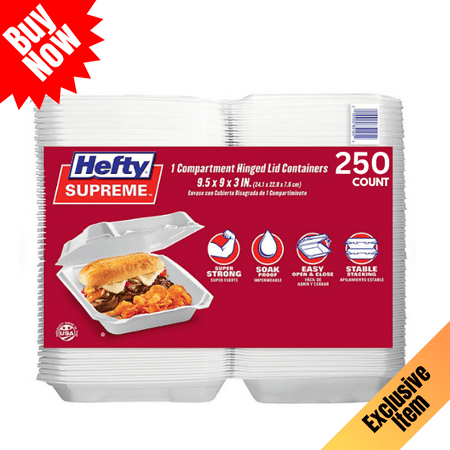 Hefty Supreme Foam Hinged Lid Container, 1-Compartment, 250 Count