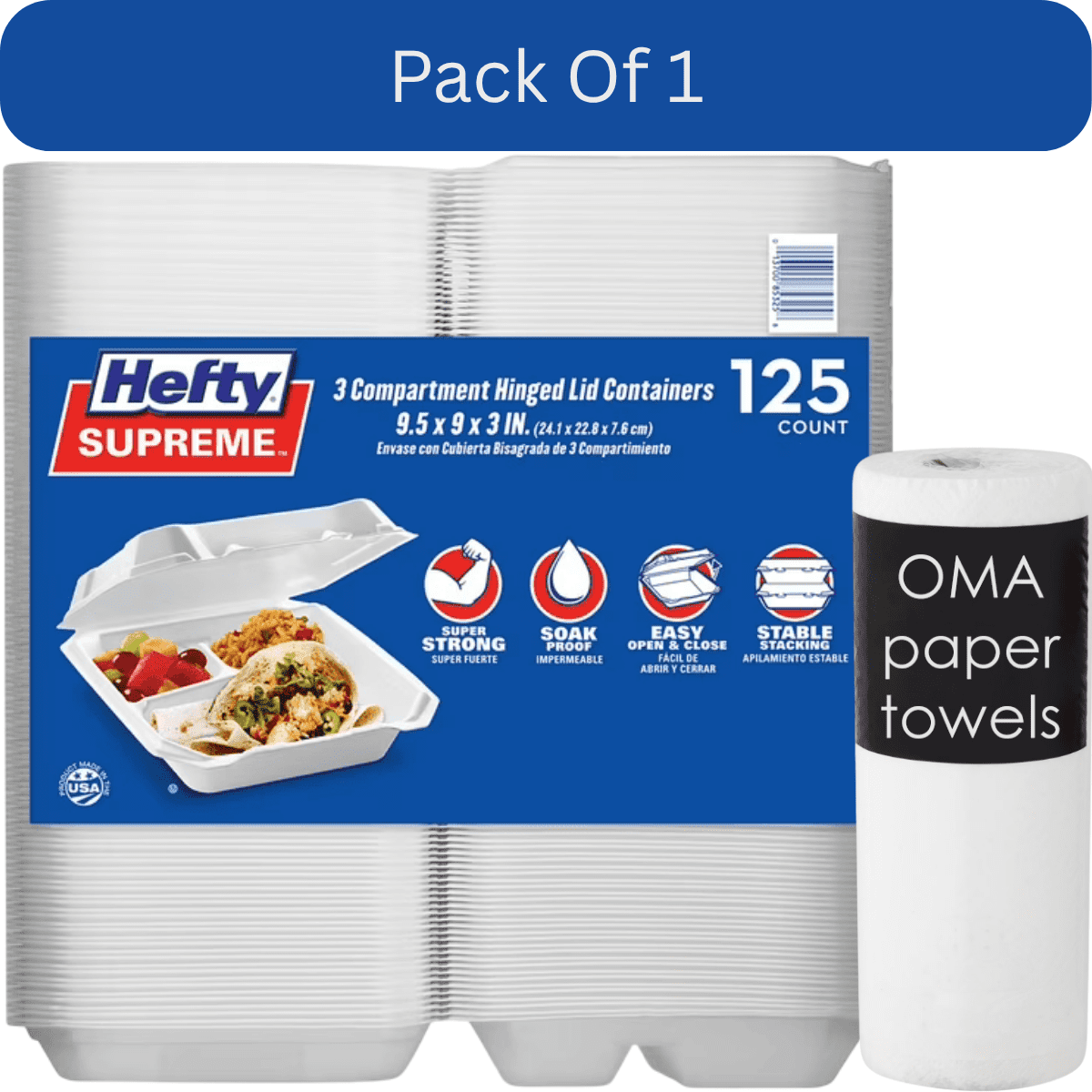 Hefty Supreme Foam Hinged Lid Container – 3 Compartment (125 ct