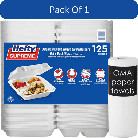 Hefty Supreme Foam Hinged Lid Container – 3 Compartment (125 ct.)-With Paper Towel By OMA