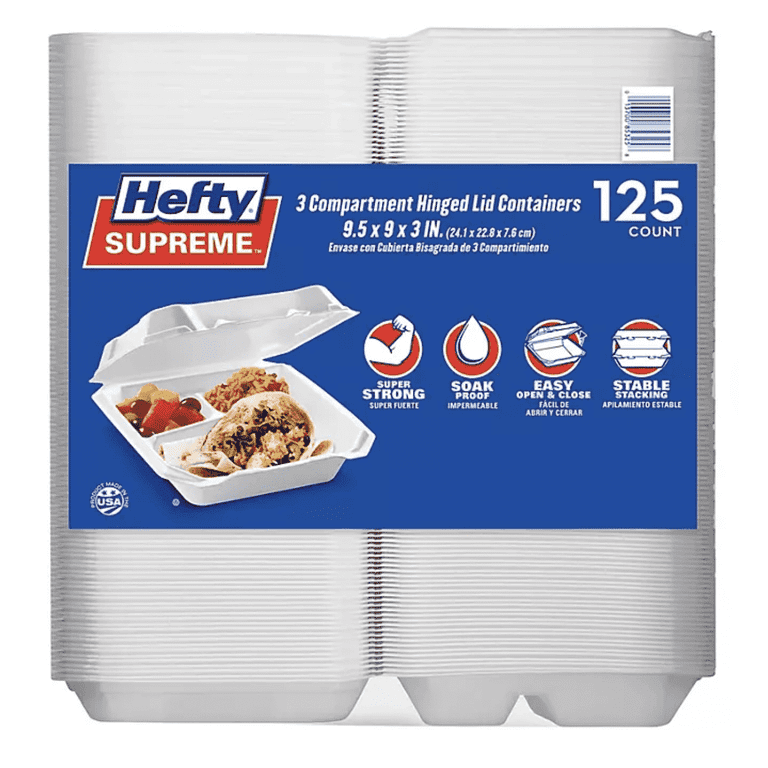 Hefty Supreme Foam Containers, Hinged Lid, 3-Compartment, 125 ct