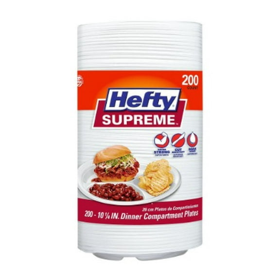 Hefty Supreme Heavy Duty Foam Plates, 3-Compartment, Cut-Resistant & Soak-Proof, 10.25", 200 Ct