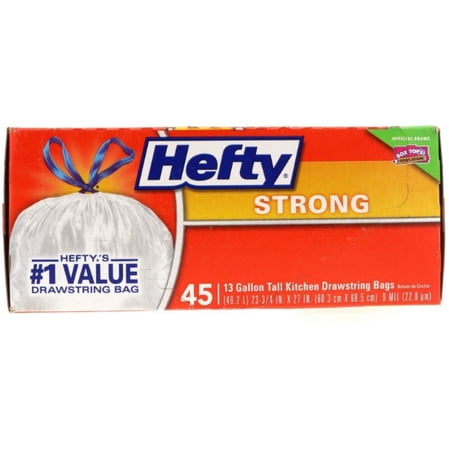 Hefty Tall Kitchen Drawstring Bags, Strong 13 Gallon 45 Ea