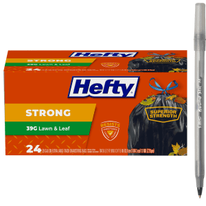 Hefty Trash Bag, Drawstring, Lawn & Leaf, Strong, Extra Large, 39 Gallon with pan