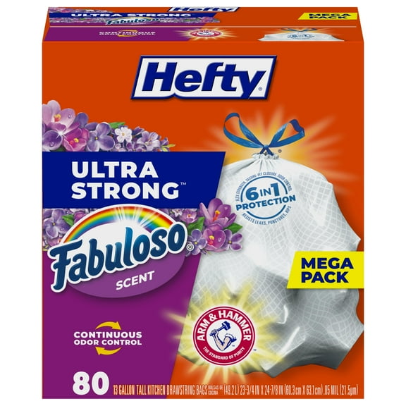 Hefty Ultra Strong 13 AIF9 Gallon Trash Bags, Tall Kitchen Trash Bags 13 Gallon Size, Resist Leaks, Punctures, and Rips, Continuous Odor Control, White, Fabuloso Scent, 80 Bags