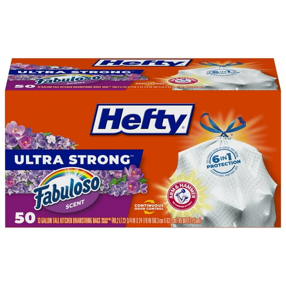 Hefty Ultra Strong 13 Gallon Trash Bags, Tall Kitchen Trash Bags 13 Gallon Size, Resist Leaks, Punctures, and Rips, Continuous Odor Control, White, Fabuloso Scent, 50 Bags