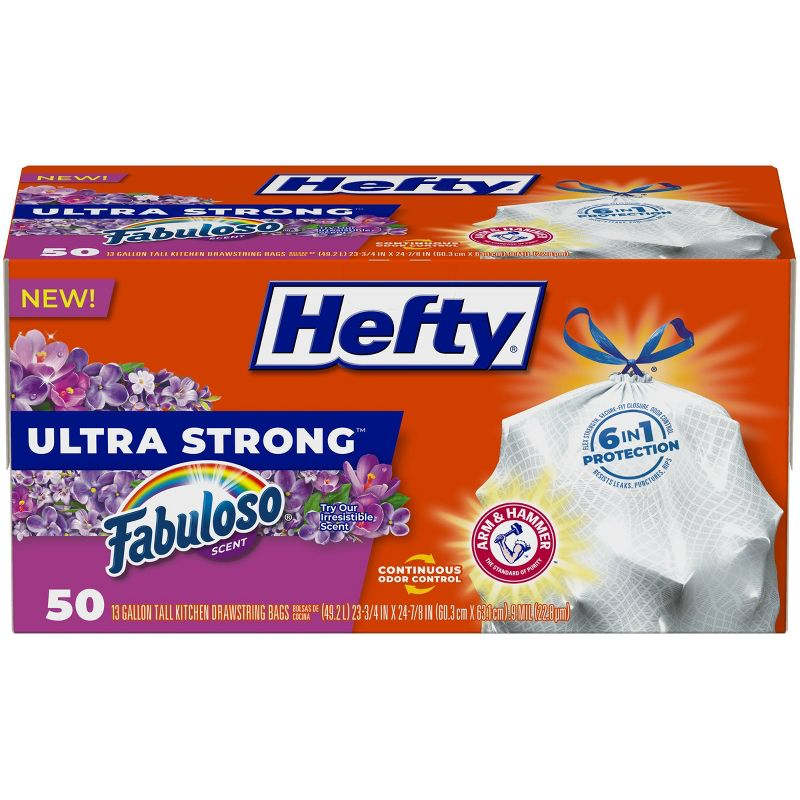 Hefty Ultra Strong 13 Gallon Trash Bags, Tall Kitchen Trash Bags 13 Gallon Size, Resist Leaks, Punctures, and Rips, Continuous Odor Control, White, Fabuloso Scent, 50 Bags