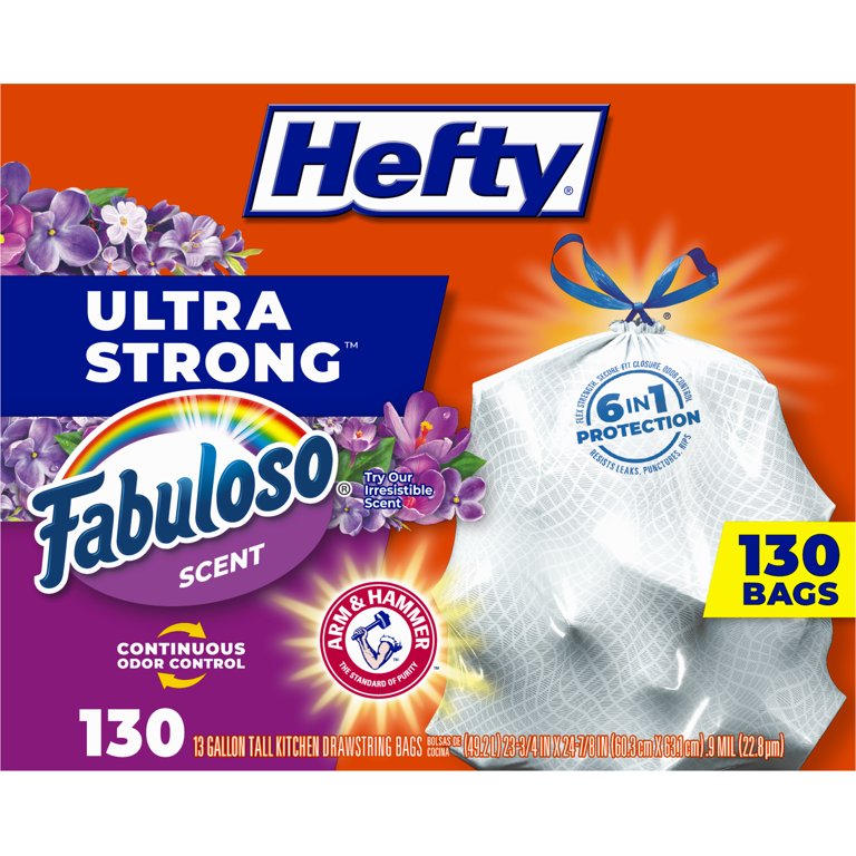 Hefty Ultra Strong Tall Kitchen Drawstring Bags, Fabuloso Scent, 13 Gallon - 130 bags