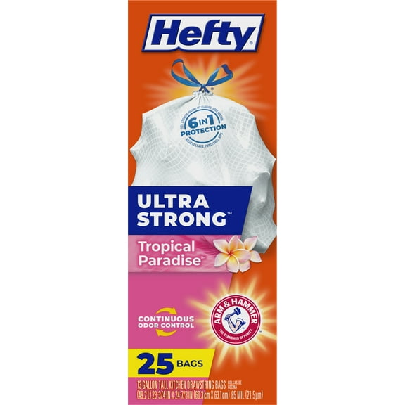 Hefty Ultra Strong 13 Gallon Tall Kitchen Tropical Paradise Drawstring Bags 25 ea