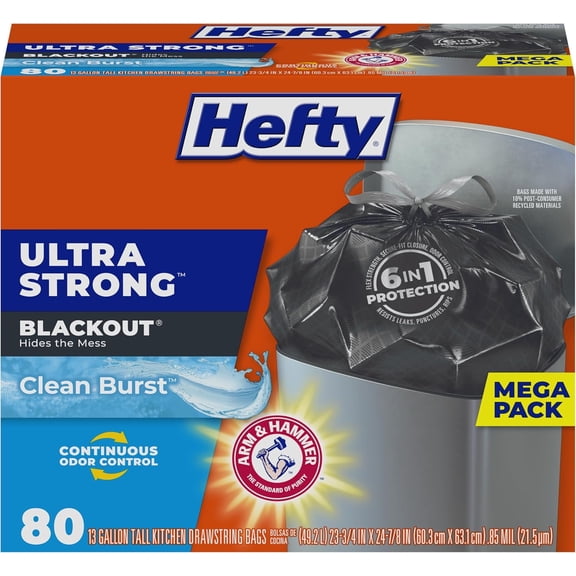 Ultra Strong 13 Gallon Trash Bags, Black Tall Kitchen Trash Bags 13 Gallon Size, Break Resistant Drawstring Enclosure, Continuous Odor Control, Blackout, Clean Burst Scent, 80 Bags