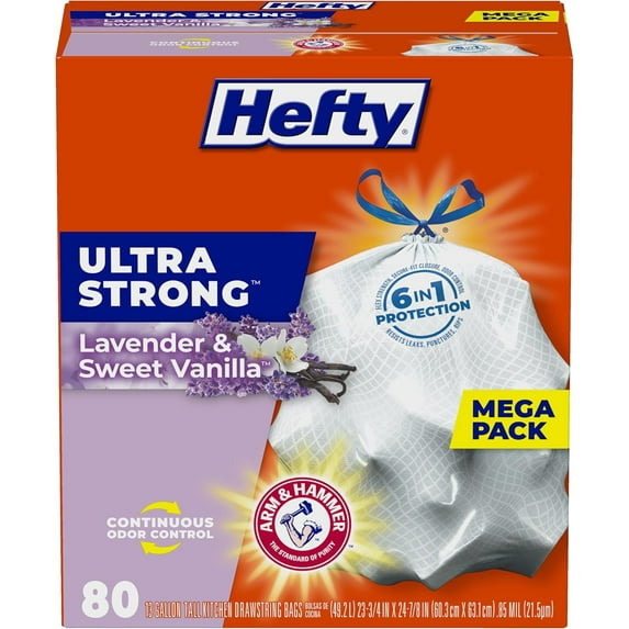 Hefty Ultra Strong 13 Gallon Trash Bags, Tall Kitchen Trash Bags 13 Gallon Size, Drawstring Closure, Continuous Odor Control, White, Lavender and Sweet Vanilla Scent, 80 Bags