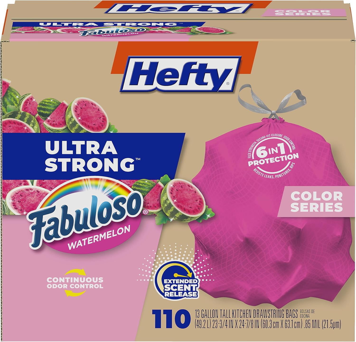 Ultra Strong 13 Gallon Trash Bags, Tall Kitchen Bags Size, Resist Leaks, Punctures, and Rips, Continuous Odor Control, Pink, Fabuloso Watermelon Scent, 110