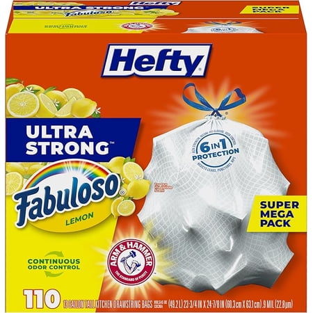 Hefty Ultra Strong 13 Gallon Trash Bags, Tall Kitchen Trash Bags 13 Gallon Size, Resist Leaks, Punctures, and Rips, Continuous Odor Control, White, Fabuloso Lemon Scent, 110 Bags ( Pack of 2 )
