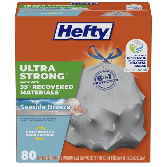 Hefty Ultra Strong 13 Gallon Trash Bags, Tall Kitchen Trash Bags Made with Recovered Materials, Including Coastal Plastic, Drawstring, Resists Leaks and Punctures, Gray, Seaside Breeze Scent, 80 Bags
