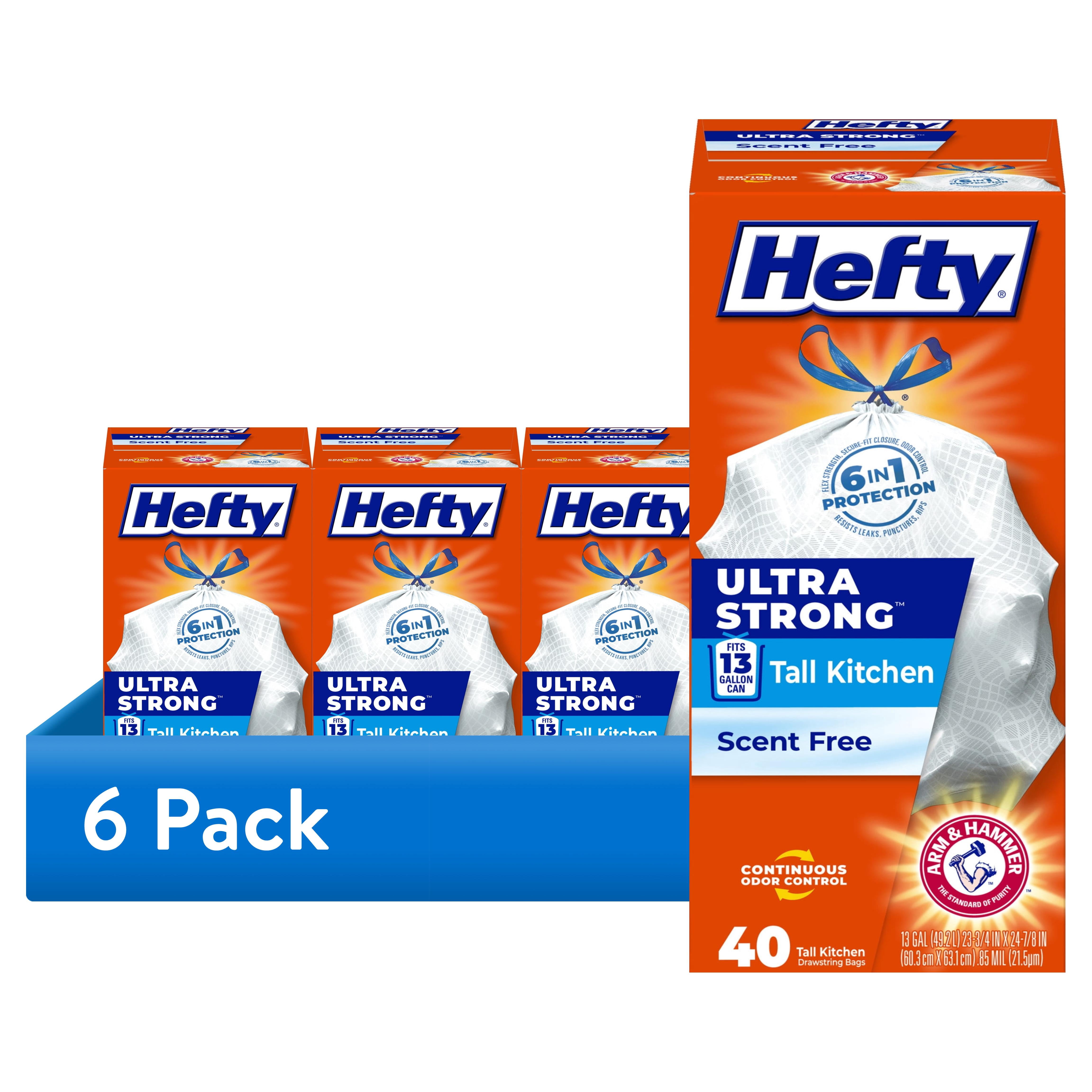 (6 pack) Hefty Ultra Strong 13 Gallon Trash Bags, Tall Kitchen Trash Bags, White, Unscented, 40 Bags