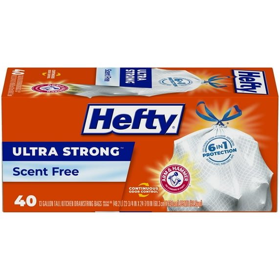 Hefty Ultra Strong 13 OKA4 Gallon Trash Bags, Tall Kitchen Trash Bags 13 Gallon Size, Drawstring Closure, Continuous Odor Control, White, Unscented, 40 Bags