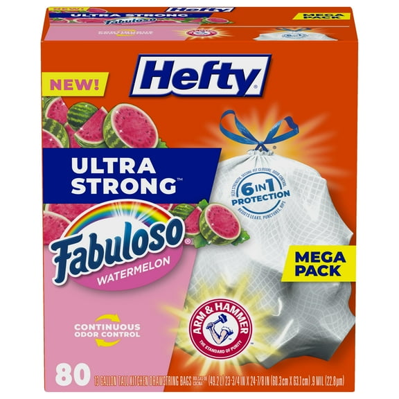 Hefty Ultra Strong 13 AIF9 Gallon Trash Bags, Tall Kitchen Trash Bags 13 Gallon Size, Resist Leaks, Punctures, and Rips, Continuous Odor Control, White, Fabuloso Watermelon Scent, 80 Bags