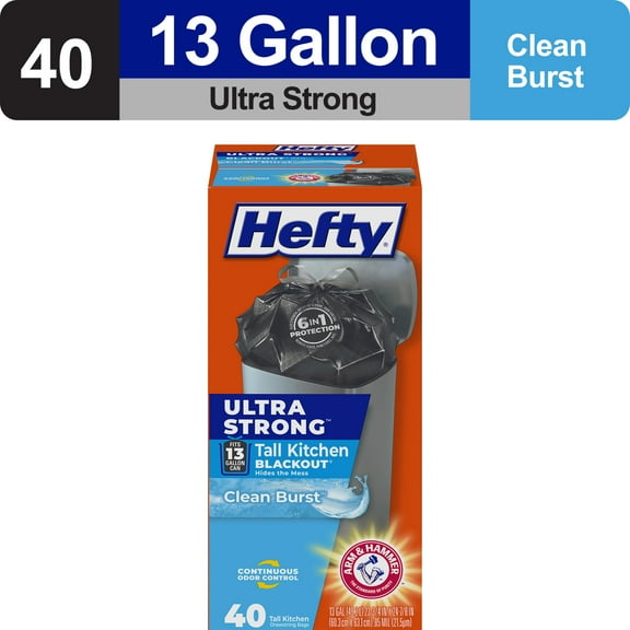 Hefty Ultra Strong 13 Gallon Trash Bags, Tall Kitchen Trash Bags, Blackout, Clean Burst Scent, 40 Bags