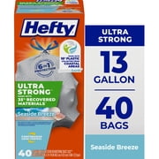 Hefty Ultra Strong 13 Gallon Trash Bags, Tall Kitchen Trash Bags Made with Recovered Materials, Including Coastal Plastic, Gray, Seaside Breeze Scent, 40 Bags