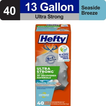 Hefty Ultra Strong 13 gallon Trash Bags, Tall Kitchen Trash Bags Made with Recovered Materials, Including Coastal Plastic, Gray, Seaside Breeze Scent, 40 Bags