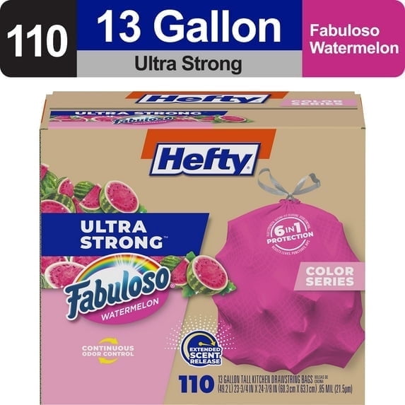 Hefty Ultra Strong 13 gallon Trash Bags, Tall Kitchen Trash Bags, Pink, Fabuloso Watermelon Scent, 110 Bags - (2pack)