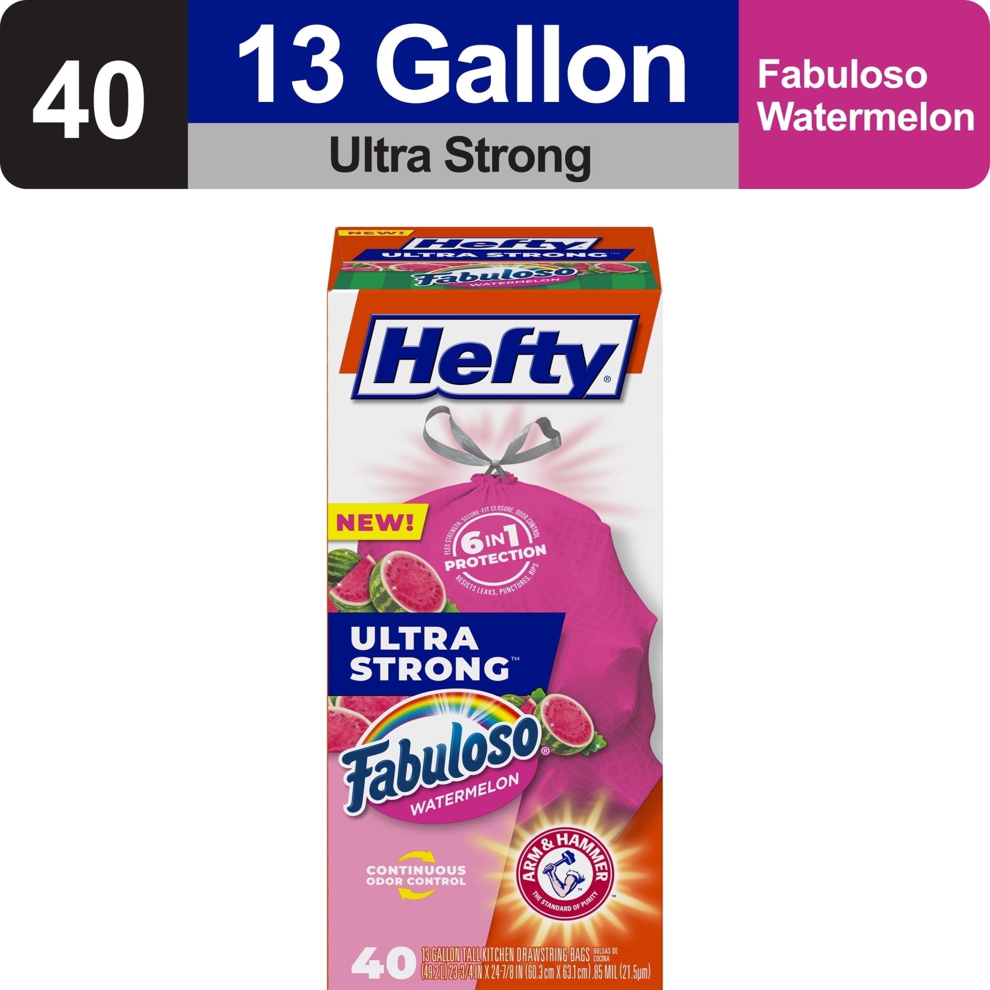 Hefty Ultra Strong 13 gallon Trash Bags, Tall Kitchen Trash Bags, Pink, Fabuloso Watermelon Scent, 40 Bags  - pack of  2