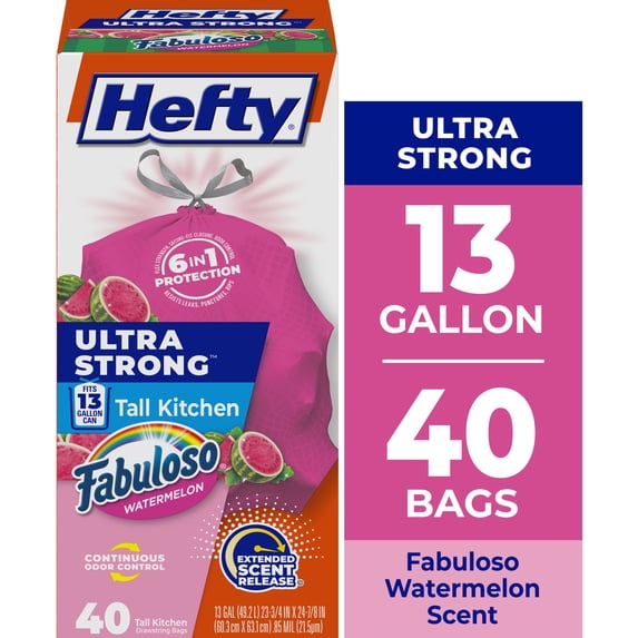 Hefty Ultra Strong 13 Gallon Trash Bags, Tall Kitchen Trash Bags, Pink, Fabuloso Watermelon Scent, 40 Bags