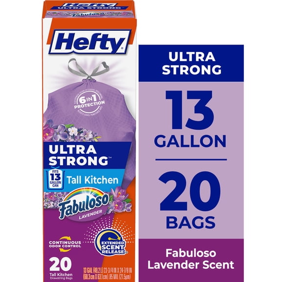 Hefty Ultra Strong 13 Gallon Trash Bags, Tall Kitchen Trash Bags, Purple, Fabuloso Lavender Scent, 20 Bags