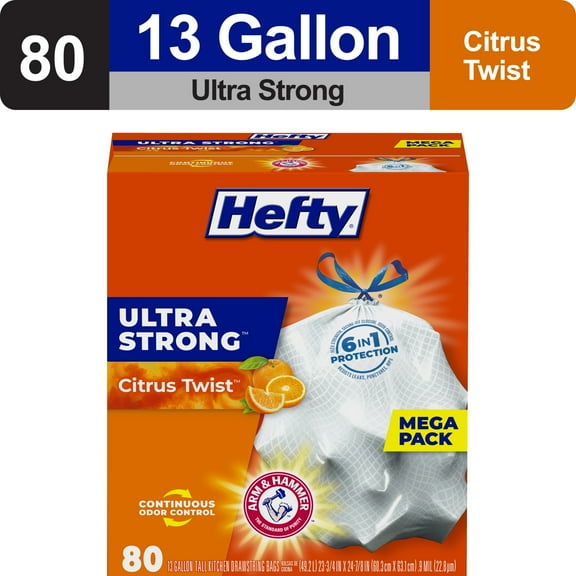 Hefty Ultra Strong 13 gallon Trash Bags, Tall Kitchen Trash Bags, White, Citrus Twist Scent, 80 Bags