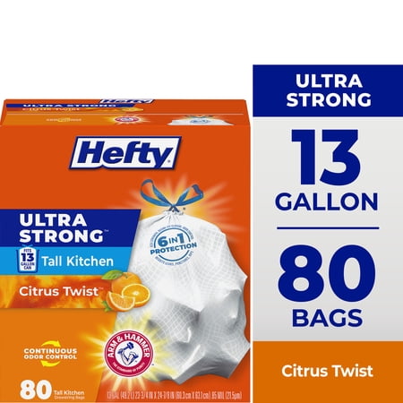 Hefty Ultra Strong 13 gallon Trash Bags, Tall Kitchen Trash Bags, White, Citrus Twist Scent, 80 Bags