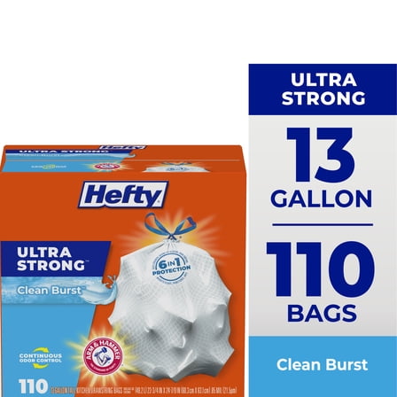 Hefty Ultra Strong 13 Gallon Trash Bags, Tall Kitchen Trash Bags, White, Clean Burst Scent, 110 Bags