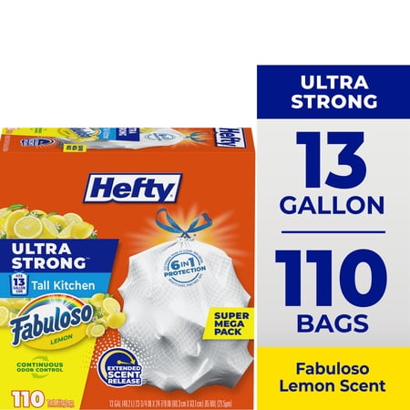 Hefty Ultra Strong 13 gallon Trash Bags, Tall Kitchen Trash Bags, White, Fabuloso Lemon Scent, 110 Bags