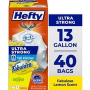 Hefty Ultra Strong 13 Gallon Trash Bags, Tall Kitchen Trash Bags, White, Fabuloso Lemon Scent, 40 Bags