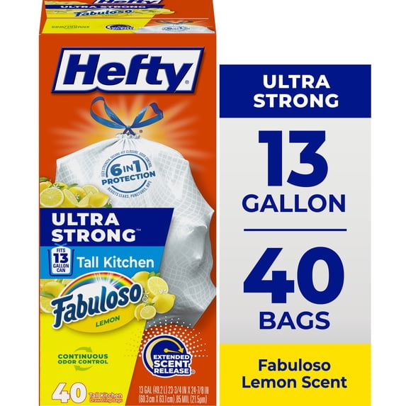 Hefty Ultra Strong 13 Gallon Trash Bags, Tall Kitchen Trash Bags, White, Fabuloso Lemon Scent, 40 Bags