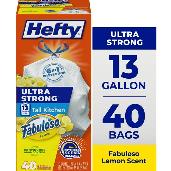 Hefty Ultra Strong 13 Gallon Trash Bags, Tall Kitchen Trash Bags, White, Fabuloso Lemon Scent, 40 Bags