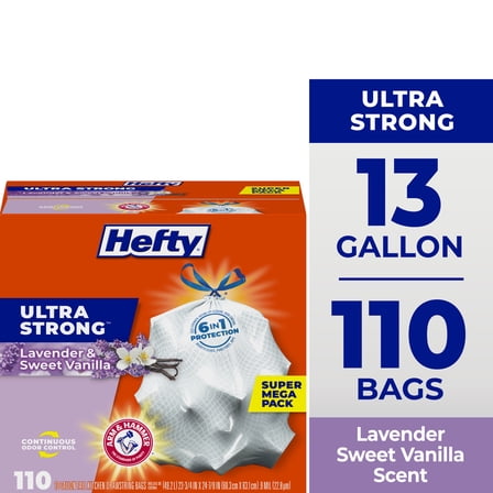 Hefty Ultra Strong 13 Gallon Trash Bags, Tall Kitchen Trash Bags, White, Lavender and Sweet Vanilla Scent, 110 Bags