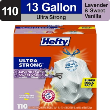 Hefty Ultra Strong 13 gallon Trash Bags, Tall Kitchen Trash Bags, White, Lavender and Sweet Vanilla Scent, 110 Bags