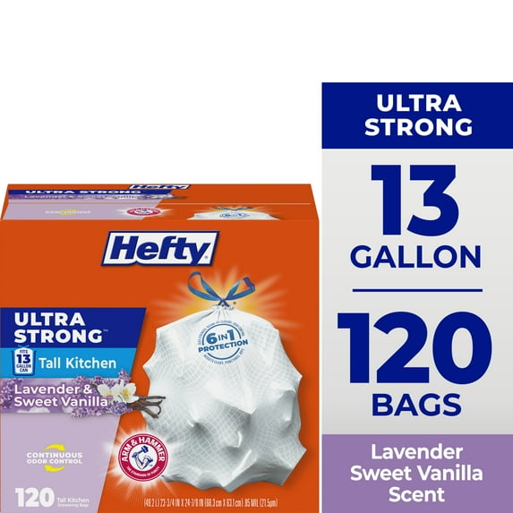 Hefty Ultra Strong 13 Gallon Trash Bags, Tall Kitchen Trash Bags, White, Lavender and Sweet Vanilla Scent, 120 Bags