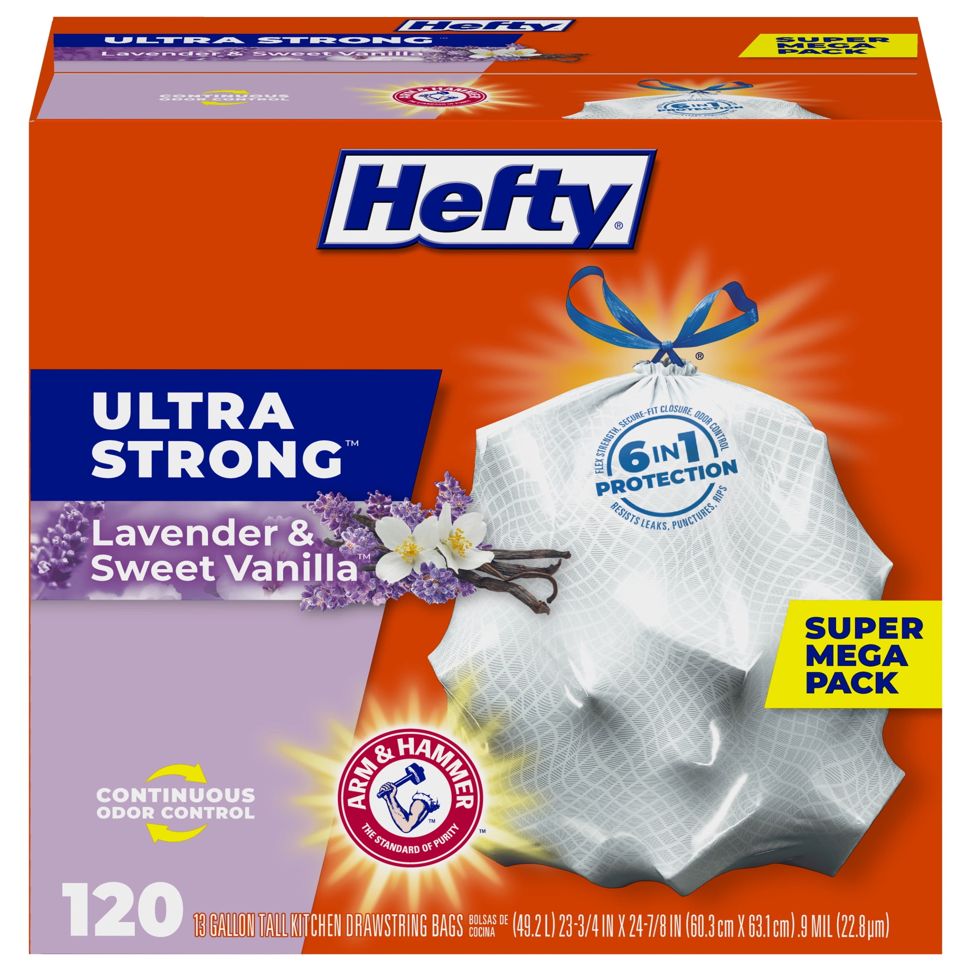 Hefty Ultra Strong 13 gallon Trash Bags, Tall Kitchen Trash Bags, White, Lavender and Sweet Vanilla Scent, 120 Bags