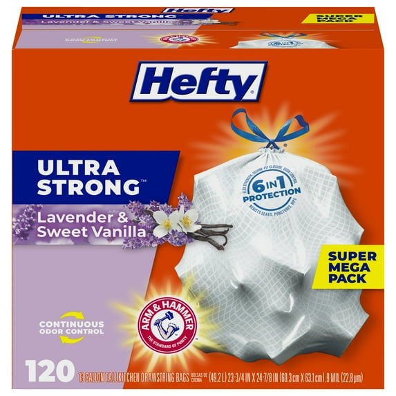 Hefty Ultra Strong 13 Gallon Trash Bags, Tall Kitchen Trash Bags, White, Lavender and Sweet Vanilla Scent, 120 Bags