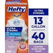 Hefty Ultra Strong 13 Gallon Trash Bags, Tall Kitchen Trash Bags, White, Lavender and Sweet Vanilla Scent, 40 Bags