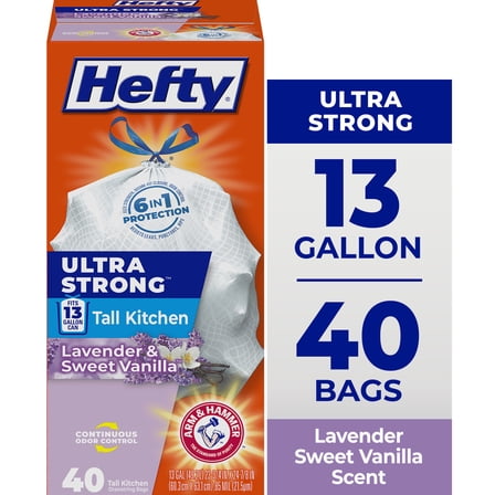 Hefty Ultra Strong 13 Gallon Trash Bags, Tall Kitchen Trash Bags, White, Lavender and Sweet Vanilla Scent, 40 Bags