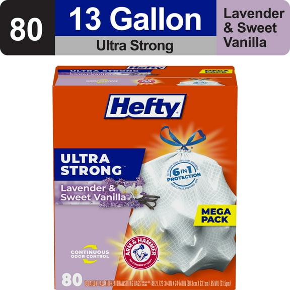 Hefty® Ultra Strong Tall Kitchen Trash Bags, 13 Gallon, 80 Bags (Lavender & Sweet Vanilla Scent, Drawstring)