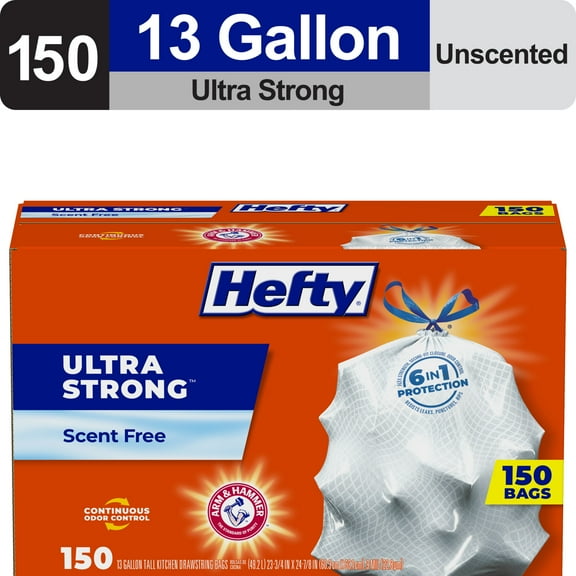 Hefty Ultra Strong 13 gallon Trash Bags, Tall Kitchen Trash Bags, White, Unscented, 150 Bags