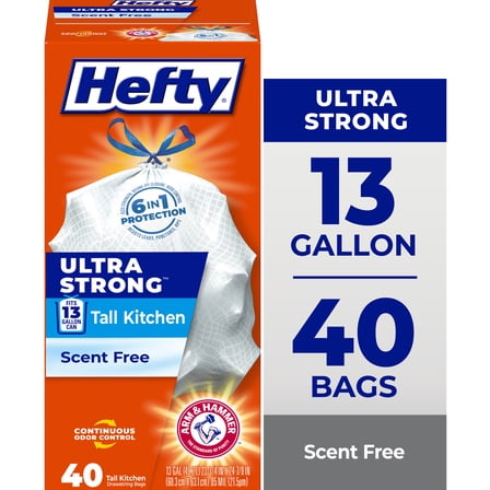 Hefty Ultra Strong 13 Gallon Trash Bags, Tall Kitchen Trash Bags, White, Unscented, 40 Bags