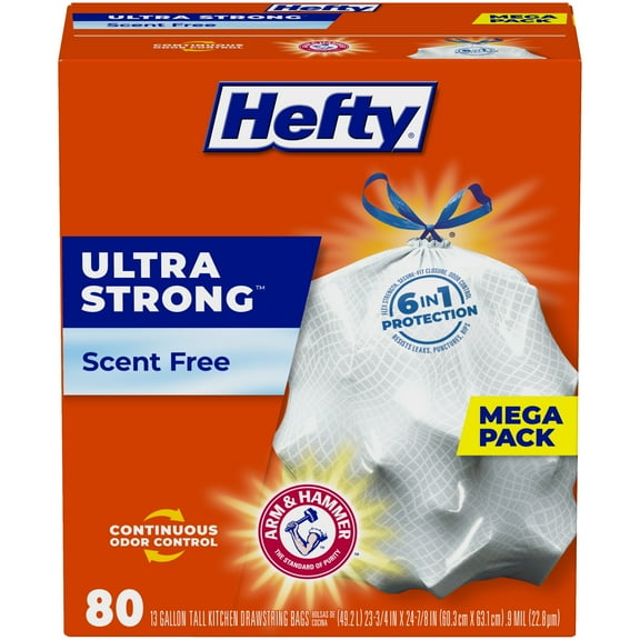 Hefty Ultra Strong 13 gallon Trash Bags, Tall Kitchen Trash Bags, White, Unscented, 80 Bags