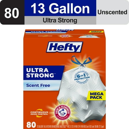 Hefty Ultra Strong 13 gallon Trash Bags, Tall Kitchen Trash Bags, White, Unscented, 80 Bags