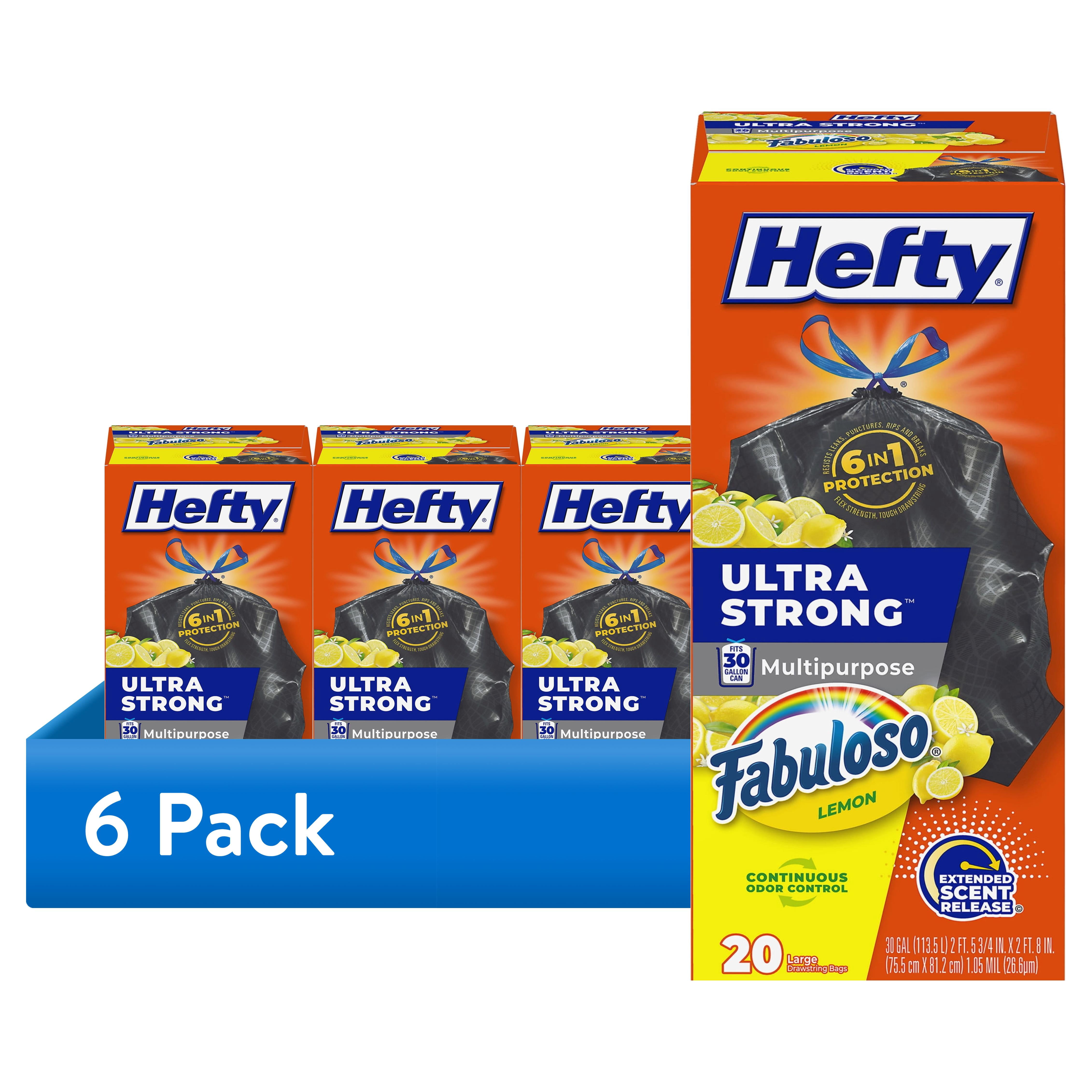 (6 pack) Hefty Ultra Strong 30 Gallon Trash Bags, Black Large Trash Bags, Fabuloso Lemon Scent, 20 Bags