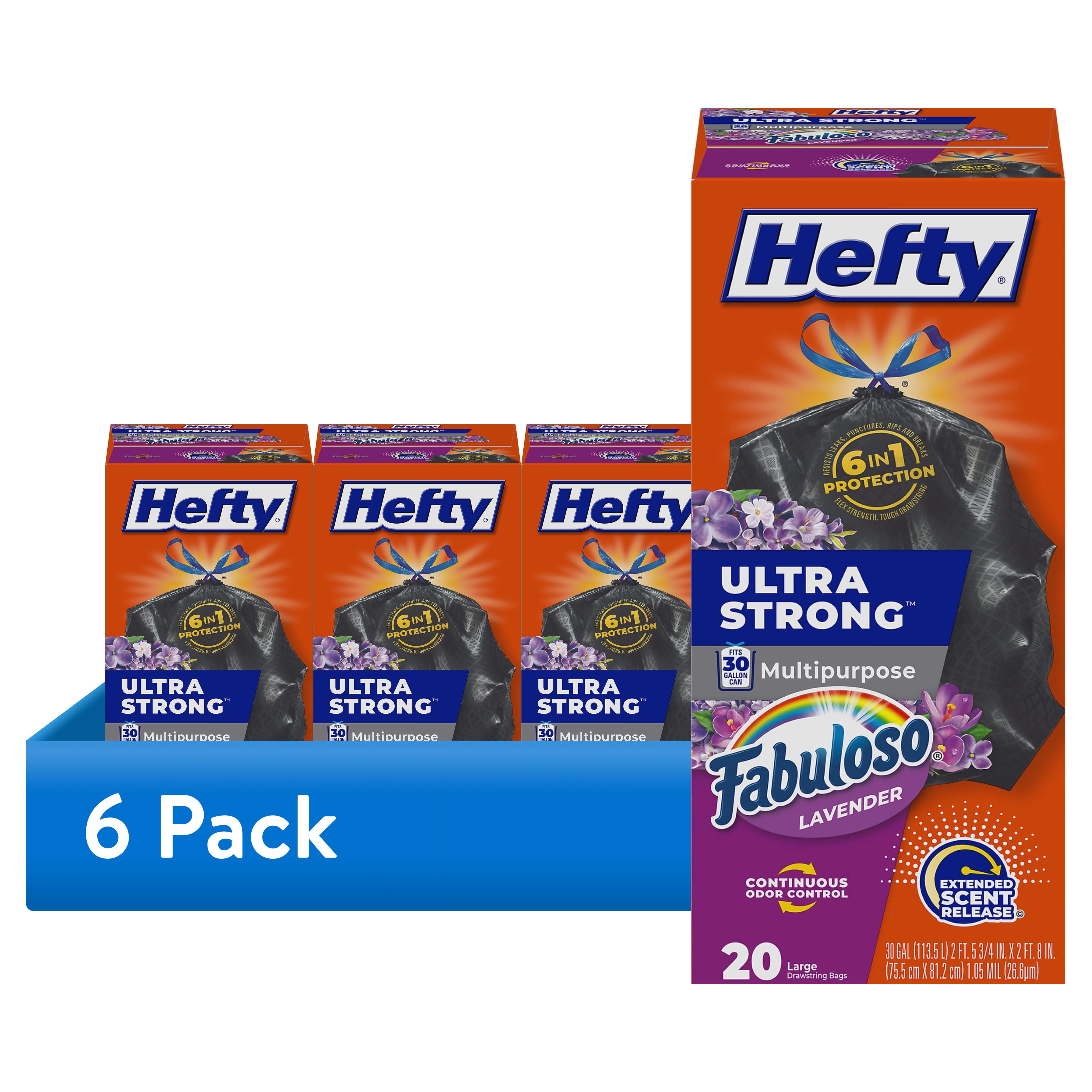 (6 pack) Hefty Ultra Strong 30 Gallon Trash Bags, Black Large Trash Bags, Fabuloso Scent, 20 Bags