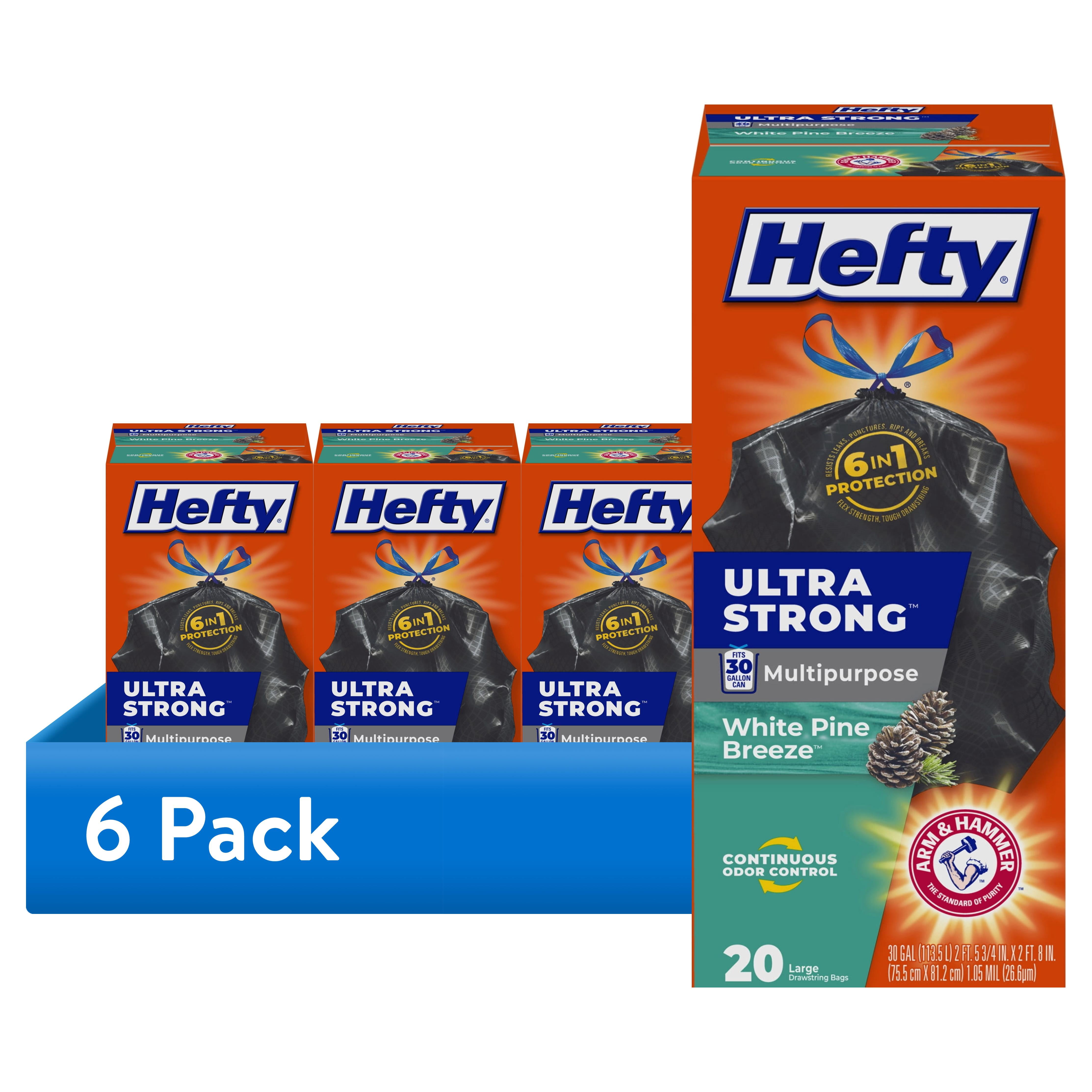 (6 pack) Hefty Ultra Strong 30 Gallon Trash Bags, Black Large Trash Bags, White Pine Breeze Scent, 20 Bags