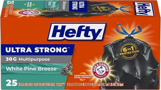 Hefty Ultra Strong Trash Bags, 30 Gallon, Black, Drawstring Closure, White Pine Breeze Scent, 25 Count, Pack of 2